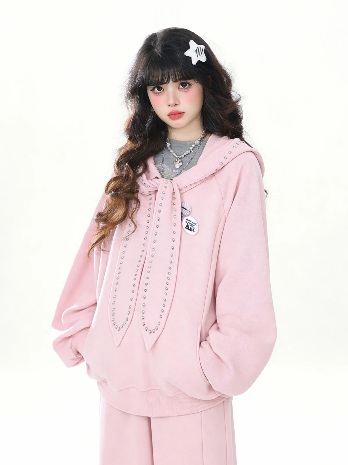 

ENJOG Sweet Cool Rivet Scarf Integrated Hoodie Women's Casual Loose Outerwear Top Polyester Spandex Blend Spring Fashion