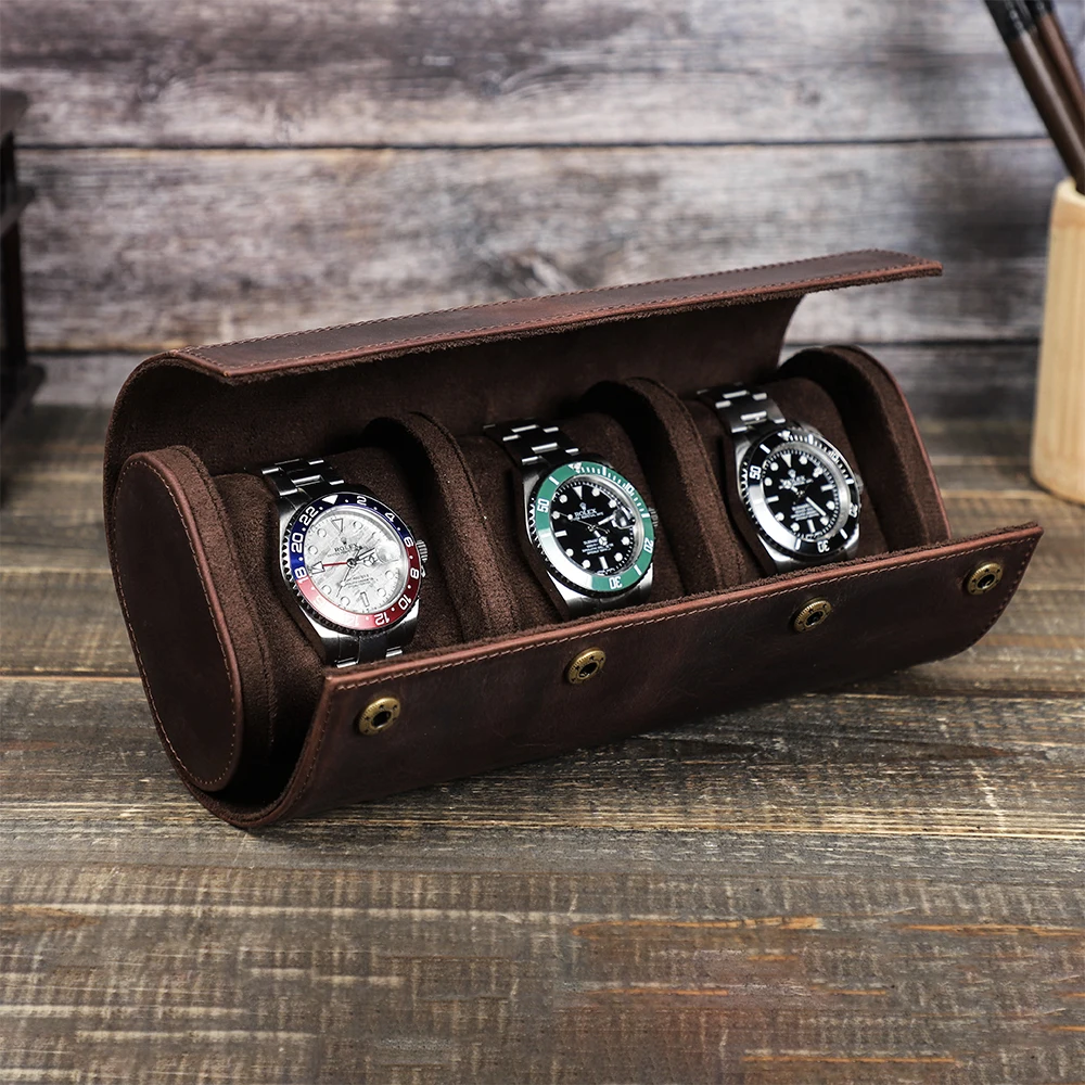 Retro Genuine Leather Watch men Luxury 3 /2/1 Slot Watch Roll Travel Case Storage Organizer & Display Handmade Jewelry  Box Gift