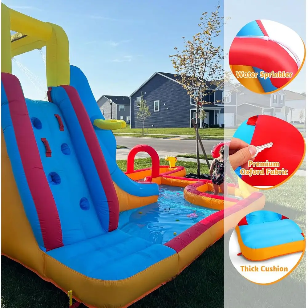 Mega Park z dmuchanymi zjeżdżalniami wodnymi, Duży dmuchany zamek dla dzieci w wieku 5-12 lat, Zjeżdżalnia wodna z ścianą wspinaczkową, Dwa bardzo długie zjeżdżalnie i basen z fontannami