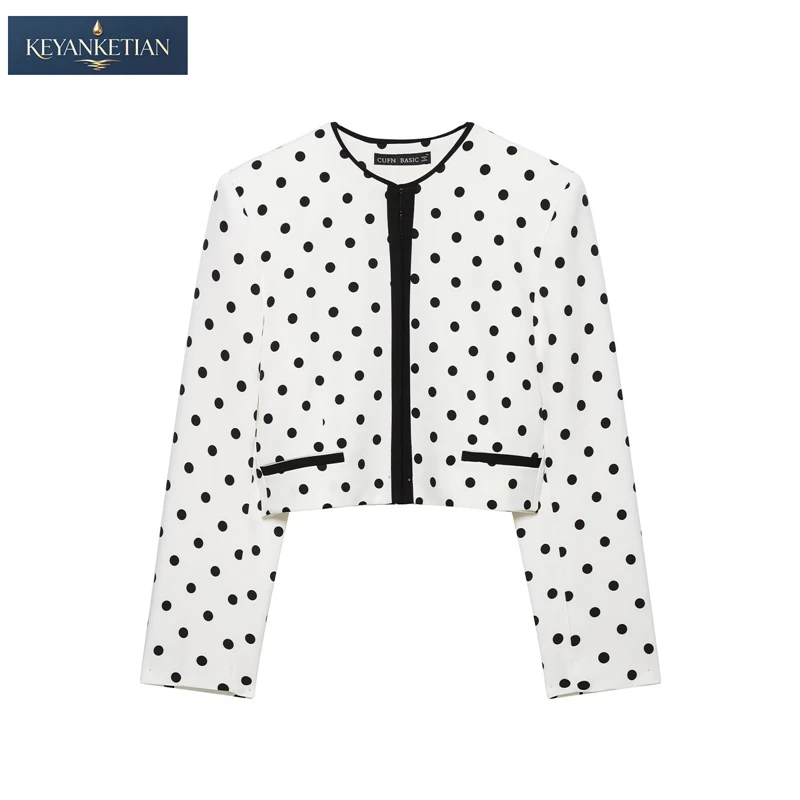 KEYANKETIAN 2026 Elegant Polka Dot Cropped Blazer Ladies Round Neck Long Sleeve Black Trim Open Front Lightweight Jacket Top
