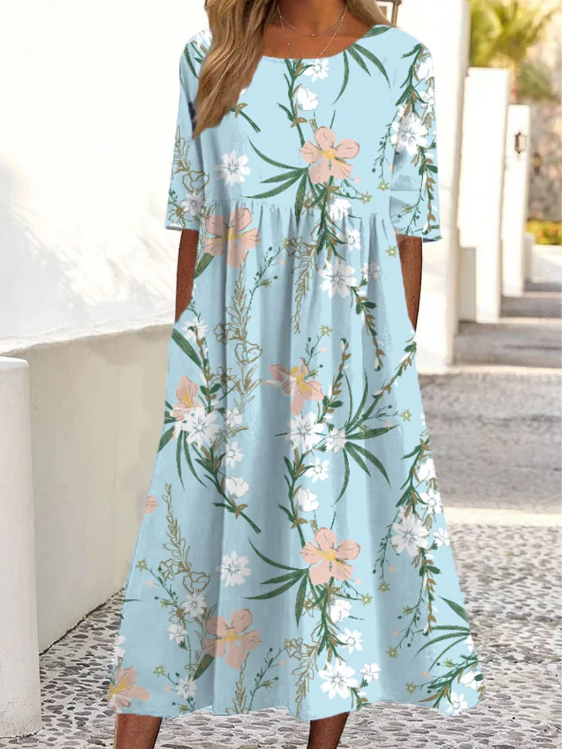 Robe ample à imprimé floral pour femmes, col rond, manches courtes, poche, Europe et États-Unis, nouvelle mode, été, 2024