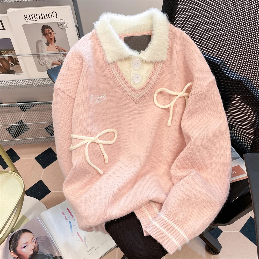 

Fake 2piece Plush lapel Collar Knitted Sweater Women's Korean Sweet Bow Design Preppy Style Tops 2025 New Autumn Winter Pullover