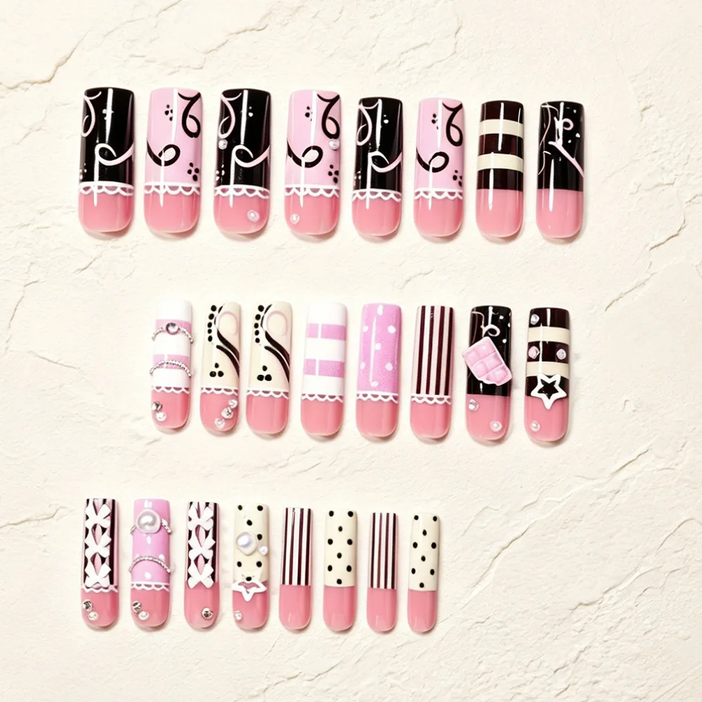24 Stück Europäisch-Amerikanische Y2K-Style Künstliche Nägel Rosa Schwarze Streifen Polka Dots Französische Falsche Nägel 3D Stern Schleifen Deko Aufklebenägel – Detail 5