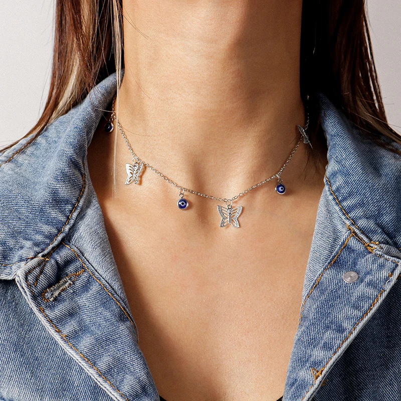Aihua Niedliche kleine türkische Glücksauge-Schmetterlings-Halskette für Frauen, Statement-Halskette, Halsketten, Chocker, Damenschmuck – Detail 2