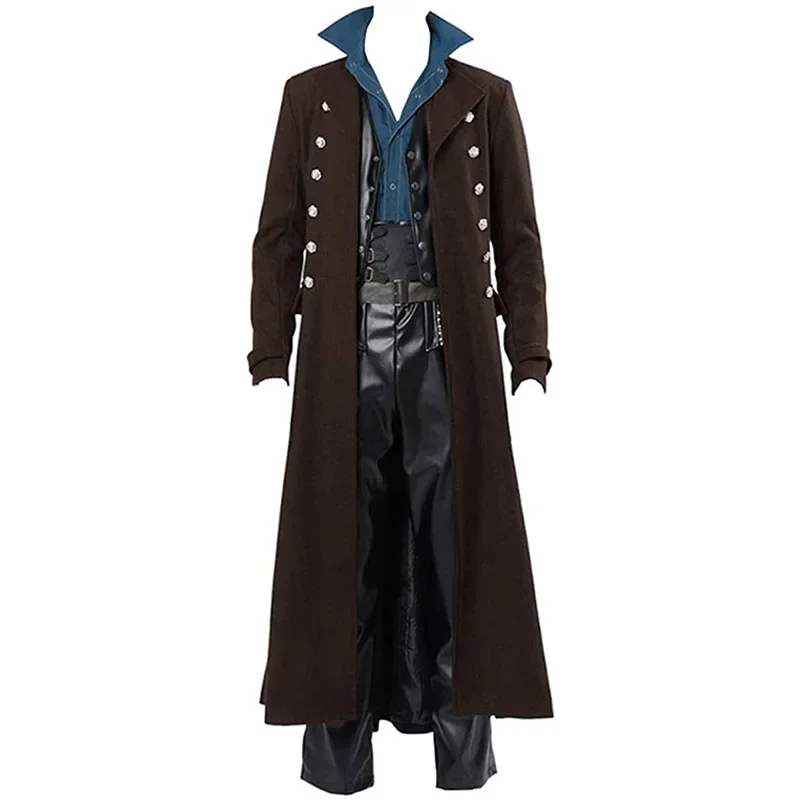 2023 Vintage Medieval Costumes Steampunk Gothic Black Long Jacket Coat Vampire Cosplay Pirate Halloween Outfit Men\'s Trenchcoat