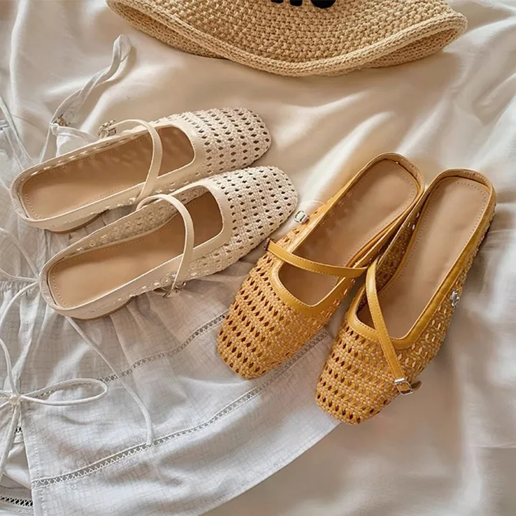 

Women's Summer 2025 Hollow out Woven Breathable Slip-On Sandals f Slipper Flat Heel Anti-Slip Casual Plastic Thong Slippers