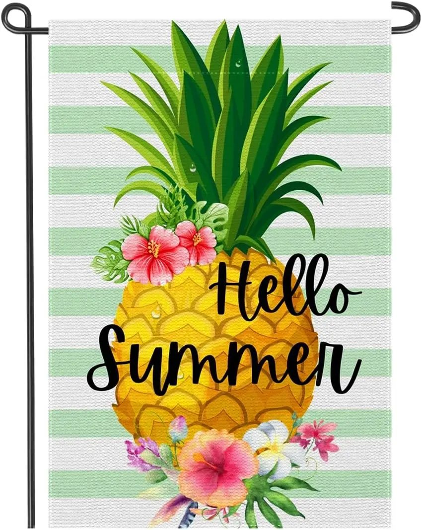 Hello Summer Pineapple Garden Flag 12×18 Inch Small Vertical Double Sided Tropical Floral Pineapple Summer Yard Flag Stripes Ban