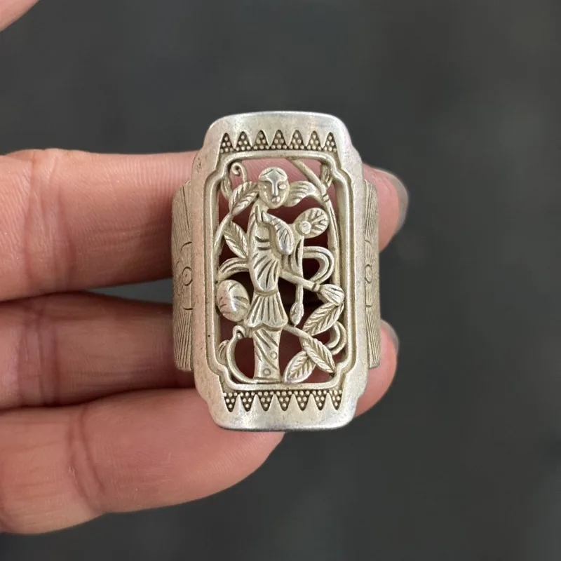Retro Engraved Hollow Figure Miao Silver Adjustable Finger Ring, Vintage Antique Collectible Ornament for Men Women