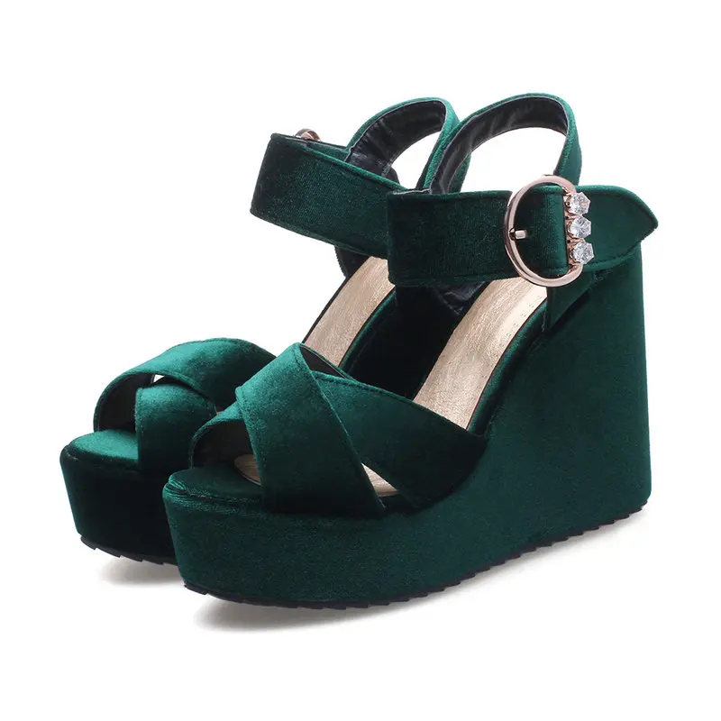 

Velour Velvet Dark Green Red Open Toe Platform Wedges High Heels Sandals Big Size 42 43 Wide Buckle Belt Black Summer Shoes