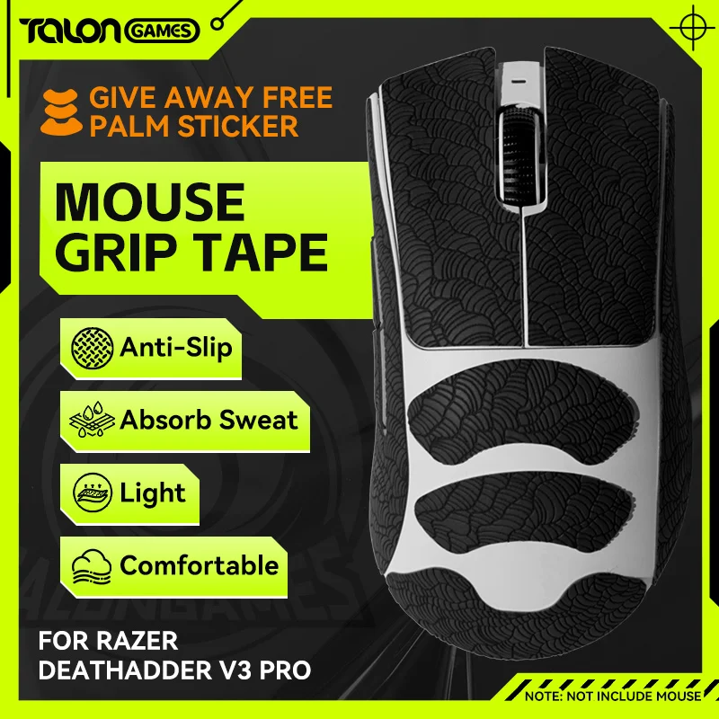 Black TALONGAMES Mouse Grip Tape For Razer DeathAdder V3 Pro Mouse,Palm Sweat Absorption, Side All Inclusive Anti-Slip Tape