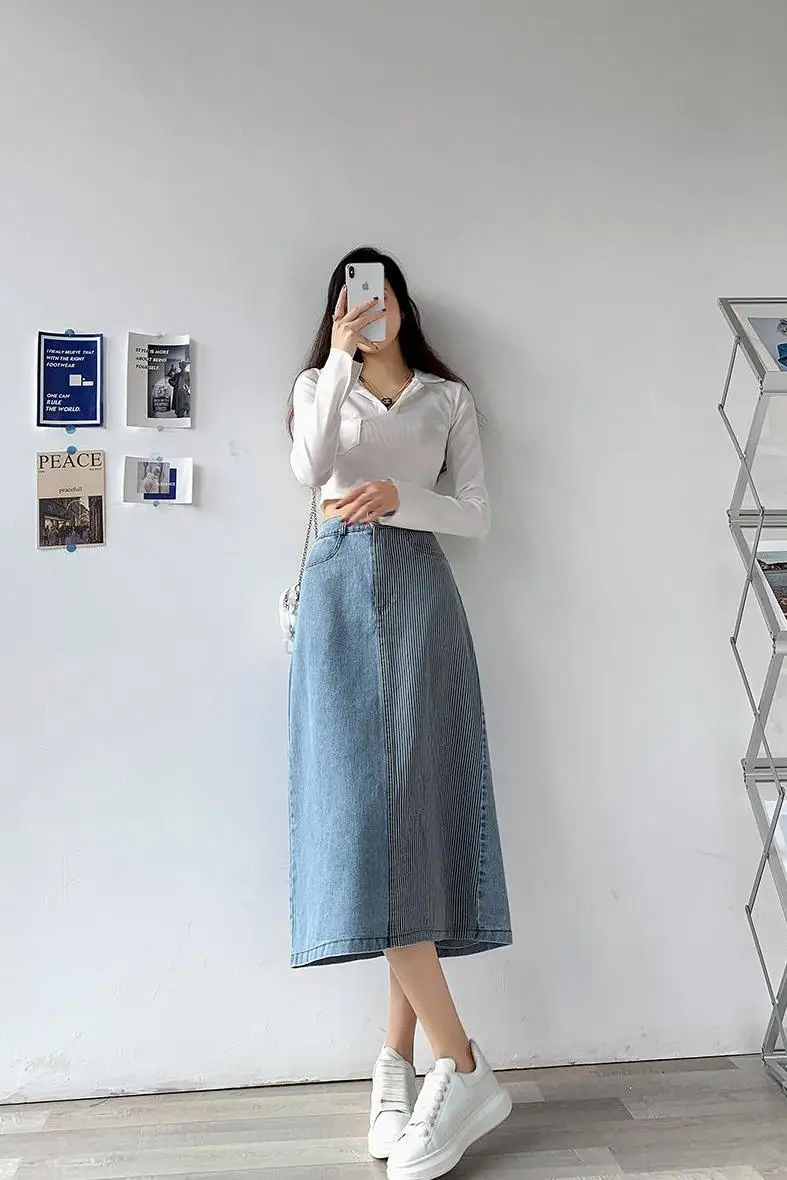 Spring Summer 2024 Denim Skirts For Women High Elastic Waist Striped A Line Long Skirt Back Slit Streetwear Jean Skirts Hot Sale