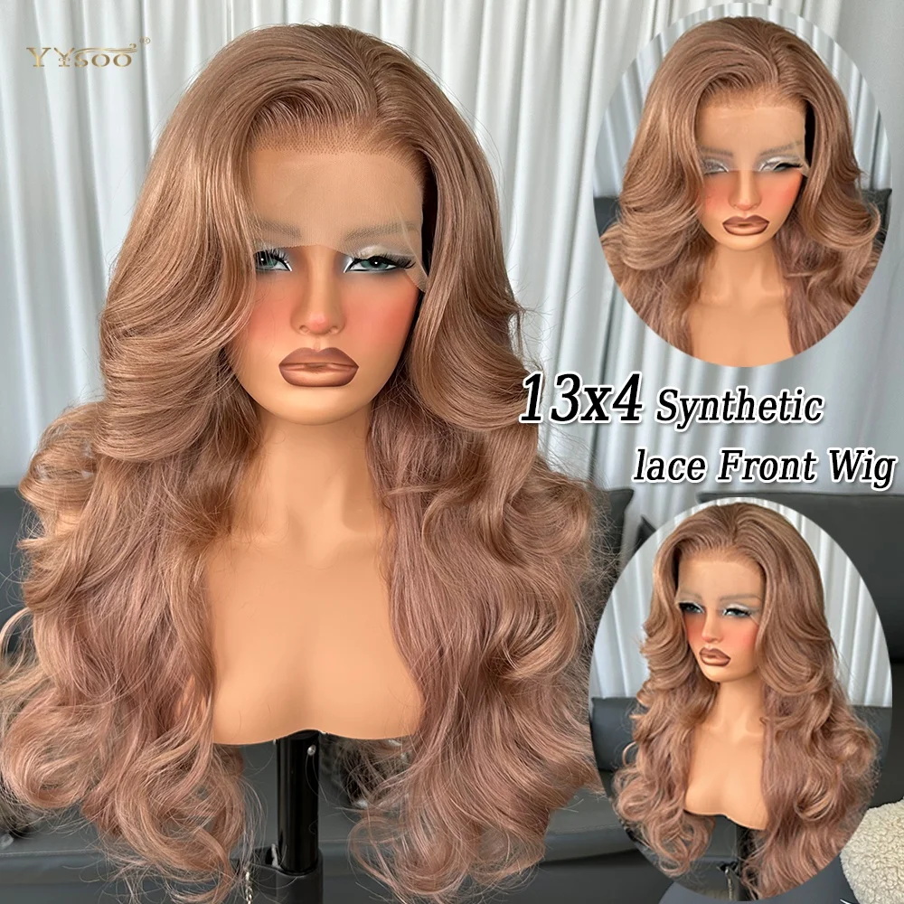 YYsoo Factory Direct Glueless Heatresistant Natural Wavy Jpanese Futura Fiber Synthetic Lacefront Wigs For Black Womens Daily
