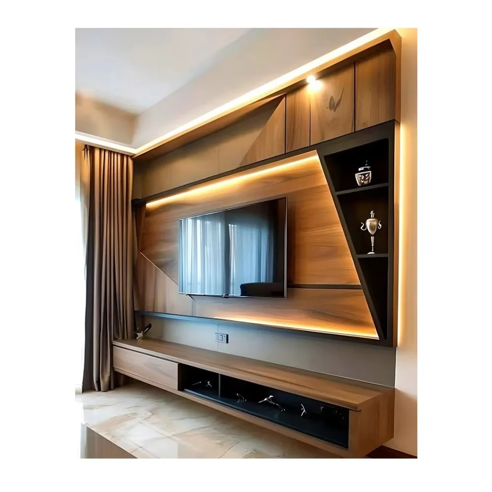 Custom Matt Modern Living Room Designs Cabinets Storage Wood Grain Veneer TV Wall Cabinet Cupboard