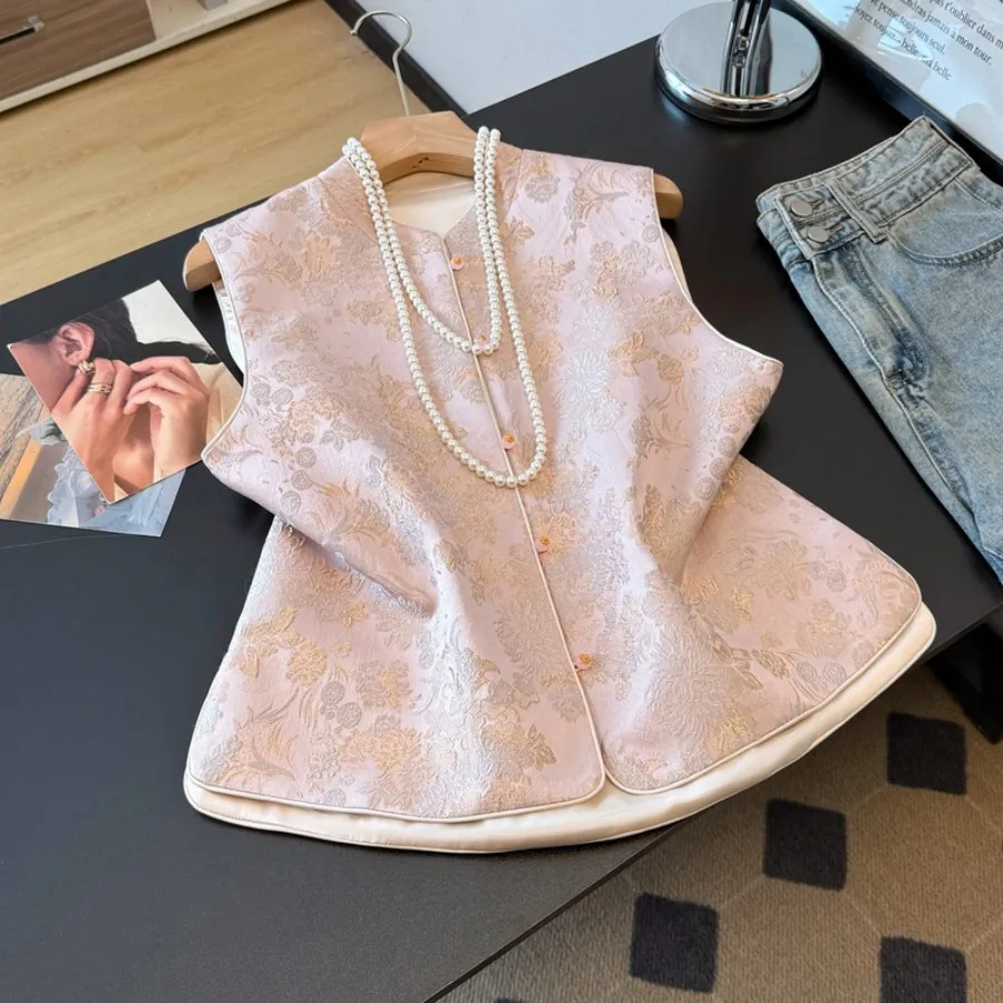 Handmade Chinese Style Reformed National Trend Satin Surface Embroidery Button Small Stand Collar High End Vest Top Coat