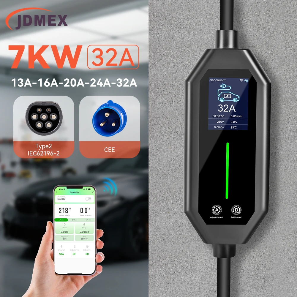 

JDMEX 7KW Type2 Portable EV Charger 32A Overload/Overheat Protection LCD Display 5M Cable for Home/Work/ Road Trip EV Charging