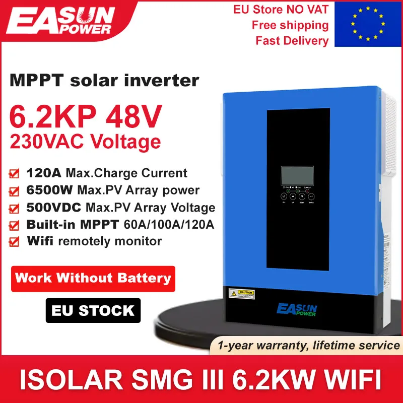 EASUN 6200W Hybrid Solar Off Grid Inverter 48V 220V MPPT 6500W 120A 500V High PV Charger 50/60hz with WIFI BMS Generator EU