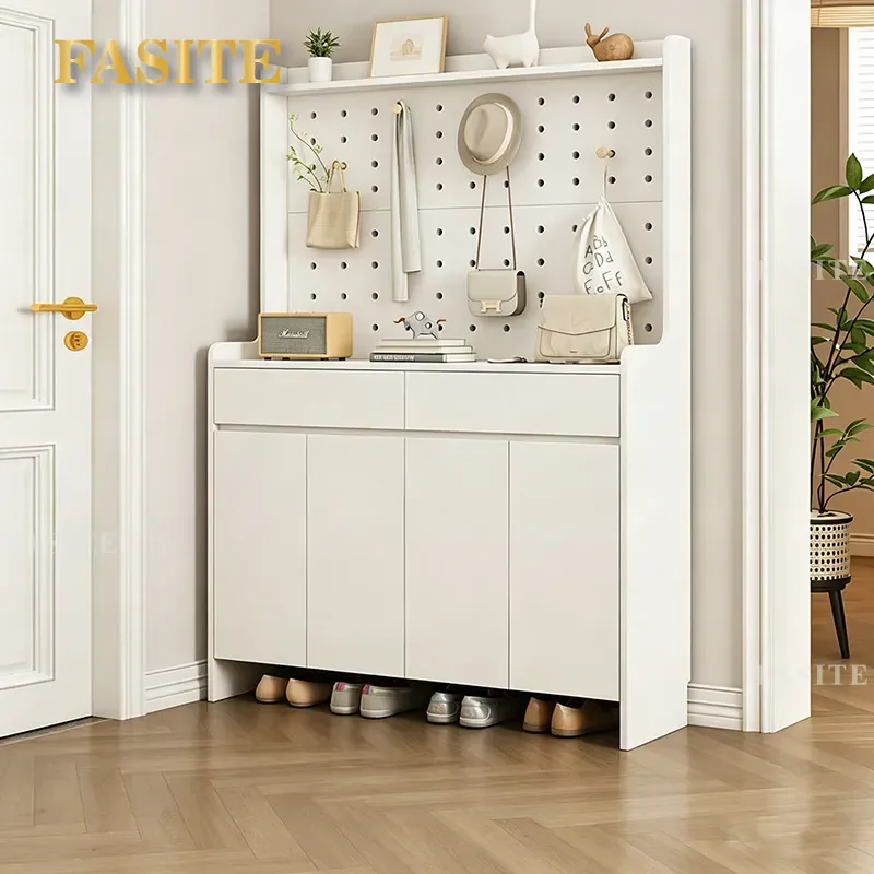 For Solid Wood Shoe Cabinet with Hole Board and Coat Rack Integrated Wall Mounted Entryway Storage Household Indoor Organizer