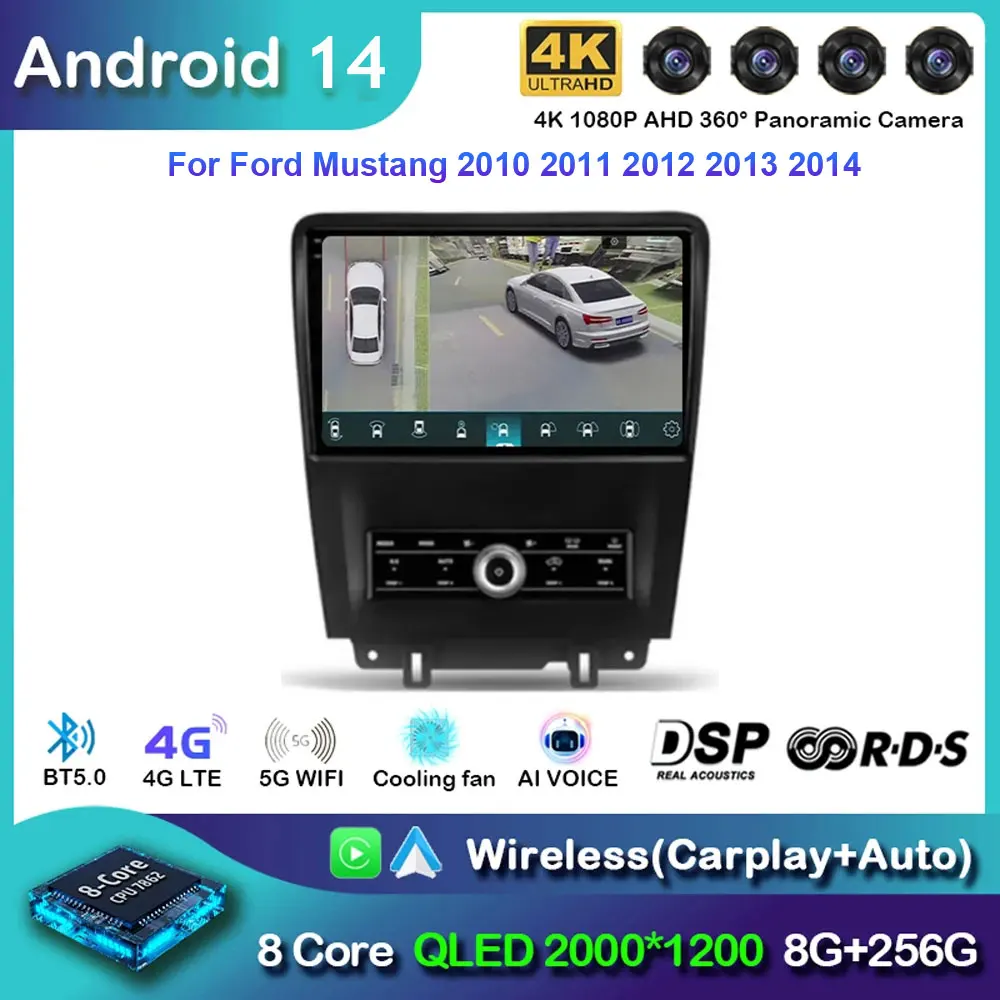 Android 14 Carplay Auto Car Radio For Ford Mustang 2010 2011 2012 2013 2014 Multimedia GPS Navi WIFI+4G Player Stereo 360 Camera