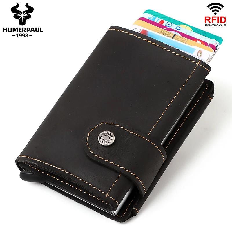 Cowhide Leather Pop-Up Credit Card Holder RFID Blocking Bank Card Case Minimalist Wallet for Men Money Clip with Coin Pocket