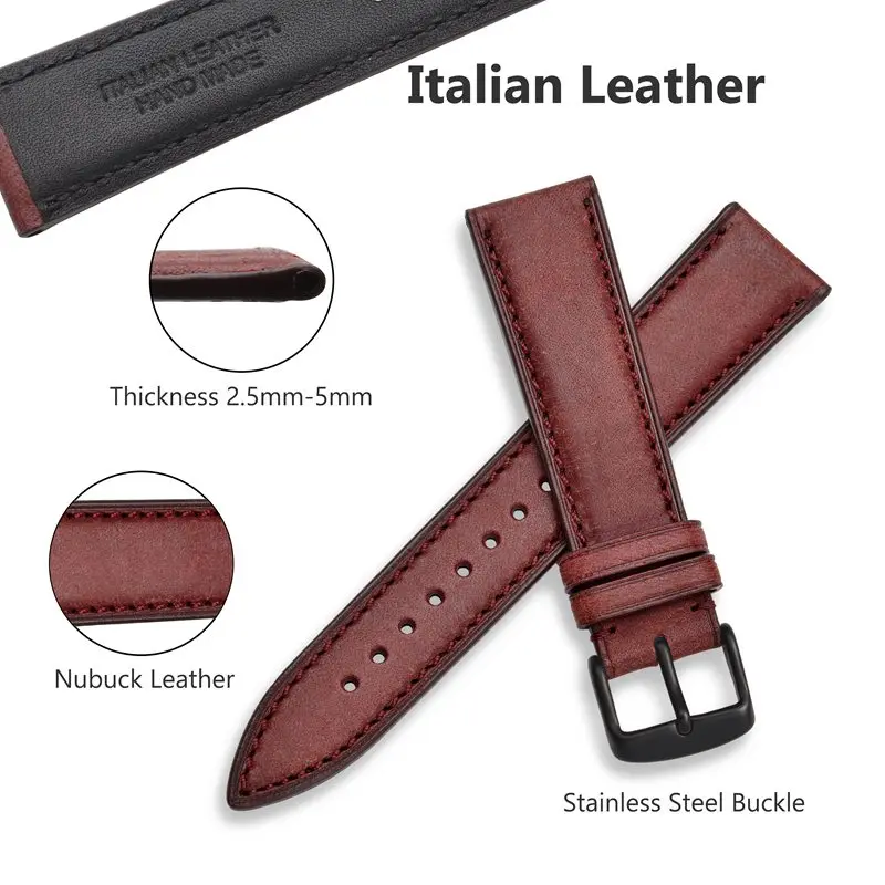 WOCCI Nubuck Italian Leather Watch Strap 14mm 18mm 20mm 22mm Bracelet Replacement Watchband for Women Men Black Green Red