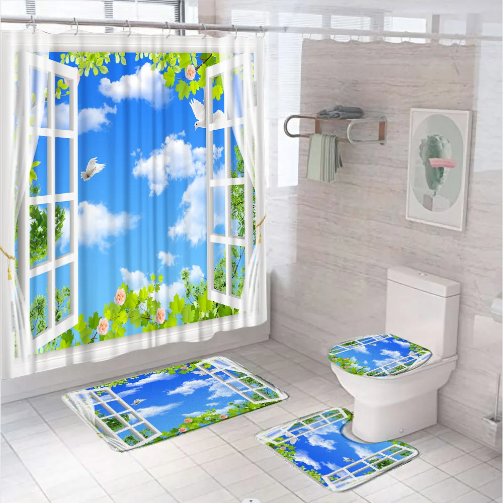 

4PCS/Set Blue Sky White Cloud Shower Curtain Fantasy Plant Leaves Rose Floral Pigeon Bathroom Decor Non-Slip Bath Rug Toilet Mat