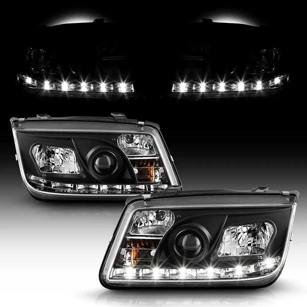 Sulinso 2pcs For 1999-2005 Volkswagen Jetta Mk4 LED DRL Black Housing Projector Headlights Headlamps, Driver & Passenger