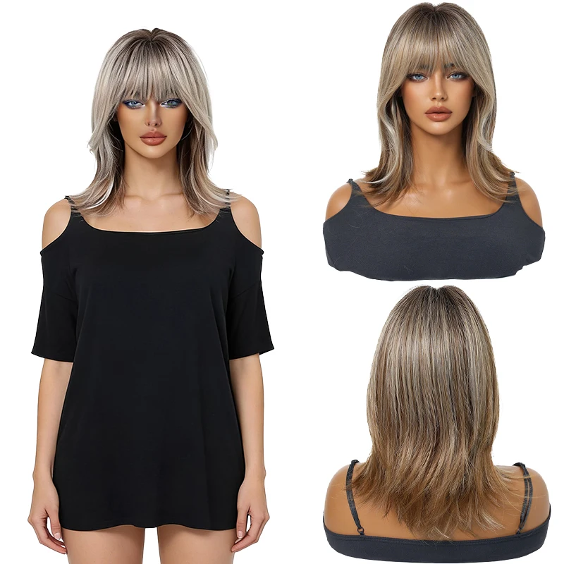 

Ash Blonde Ombre Wig with Bangs Medium Length Pre-styled Breathable Heat Resistant Synthetic Daily Hair for Women Free Wig Cap