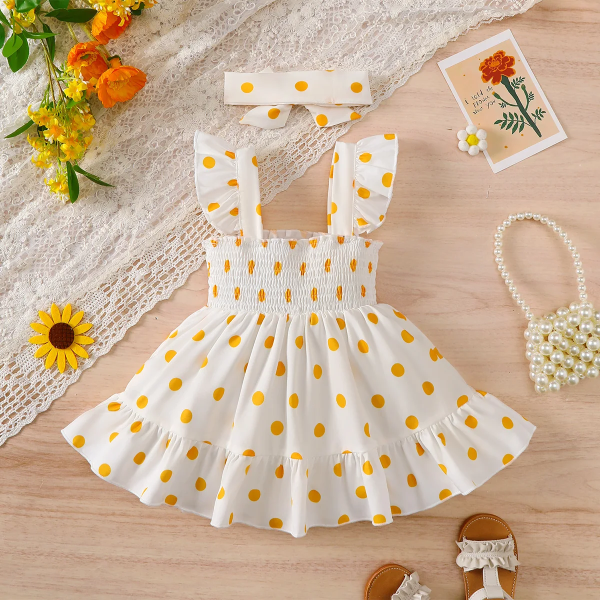 2Pcs Summer Baby Girl Dress Polka Dot Pleated Suspender Dress and Headband for 0-3 Year Old Cute Baby Girl Vacation Casual Dress