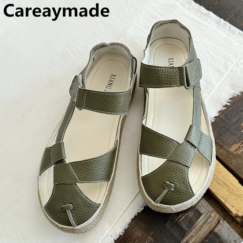 Careaymade-Genuine leather Summer Women\'s sandals Pure handmade Soft Sole round-head Retro comfortable Women Casual beach shoes