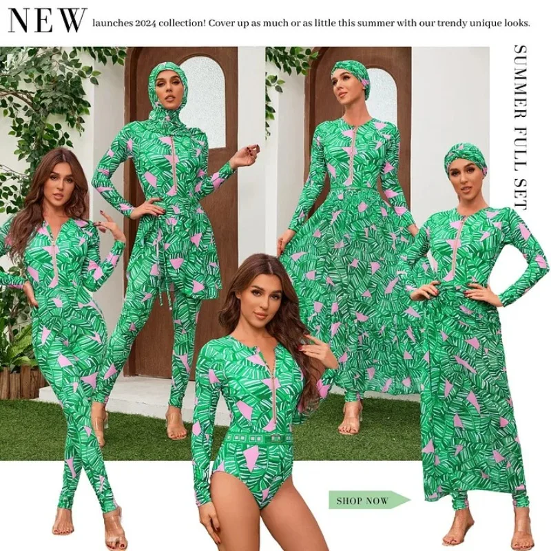 

One Piece Swimsuit For Women European And American Swimwear Long-sleeved Zipper Green Printed Surf Suit Women