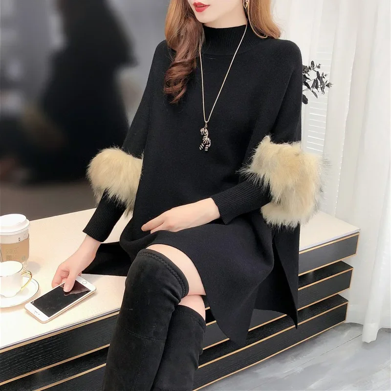 

Autumn Winter Imitation Wool Sleeves Cape Knitted Pullover Sweater Loose Coat Women Sleeved Poncho Lady Capes Beige Cloaks