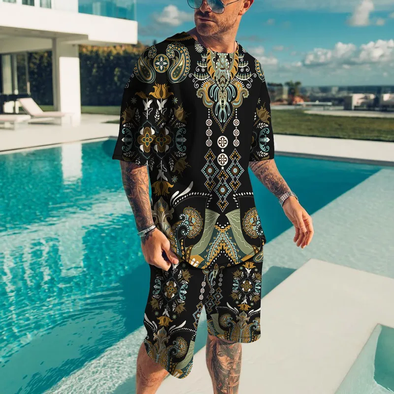 Men's Luxury Printed T-Shirt Set Sleeve Tracksuit Male 3D Floral Print Designer Clothing Summer Fashion Streetwear Retro Short