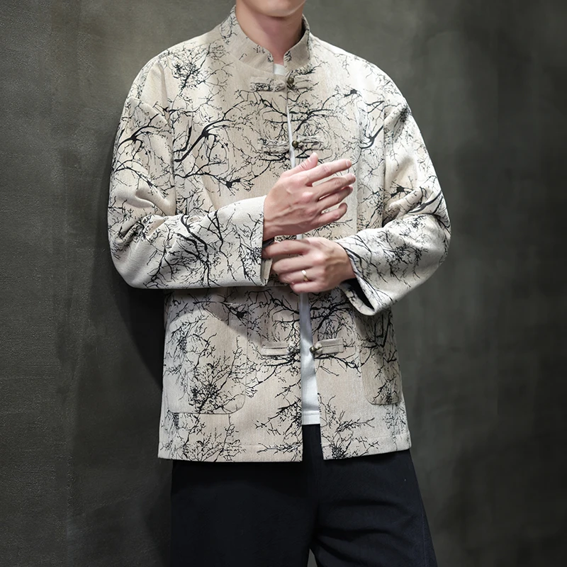 Men's Retro Chinese Style Jacket with Frog Buttons and Branch Pattern Traditional Stand Collar Coat Vintage Ethnic Casual Tops