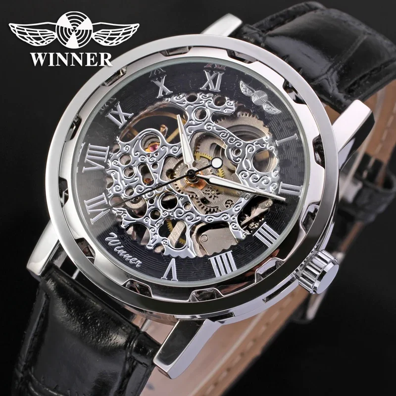 Winner Classic Royal Skeleton Design Men\'s Watches Hand Wind Black PU Leather Strap Mechanical Movement Wristwatch Montre Homme