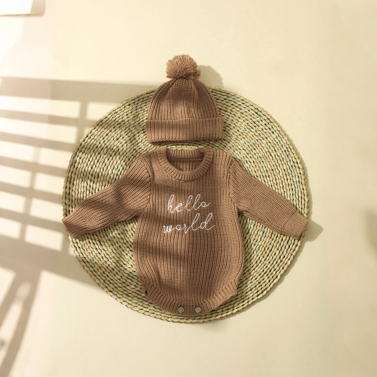 Ylsteed Hello World Knitting Newborn Photography Romper with Matching Pomp Hat Baby Boy Girl Sweater Outfits for Photo Shooting