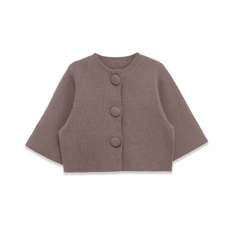 

Элегантная женская вязаная короткая куртка с круглым вырезом и коротким рукавом на пуговицах, кардиган, модная повседневная одежда