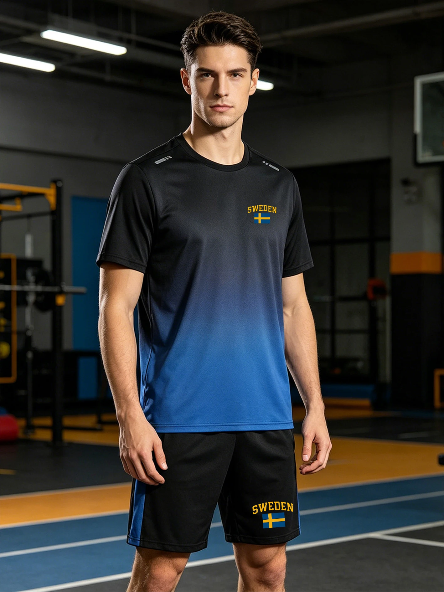 

Men's Gradient Sweden Print Quick-Dry Short Sleeve Set, Wrinkle-Resistant, Wear-Resistant, Shape-Retaining,