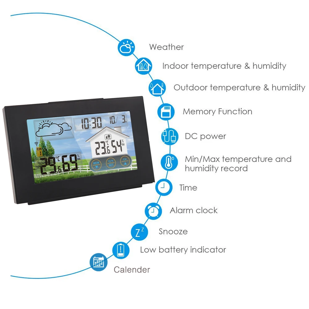 Wireless Weather Station Forecaster Thermometer Hygrometer with Sensor Color Touch Screen Alarm Clock Calendar with Snooze