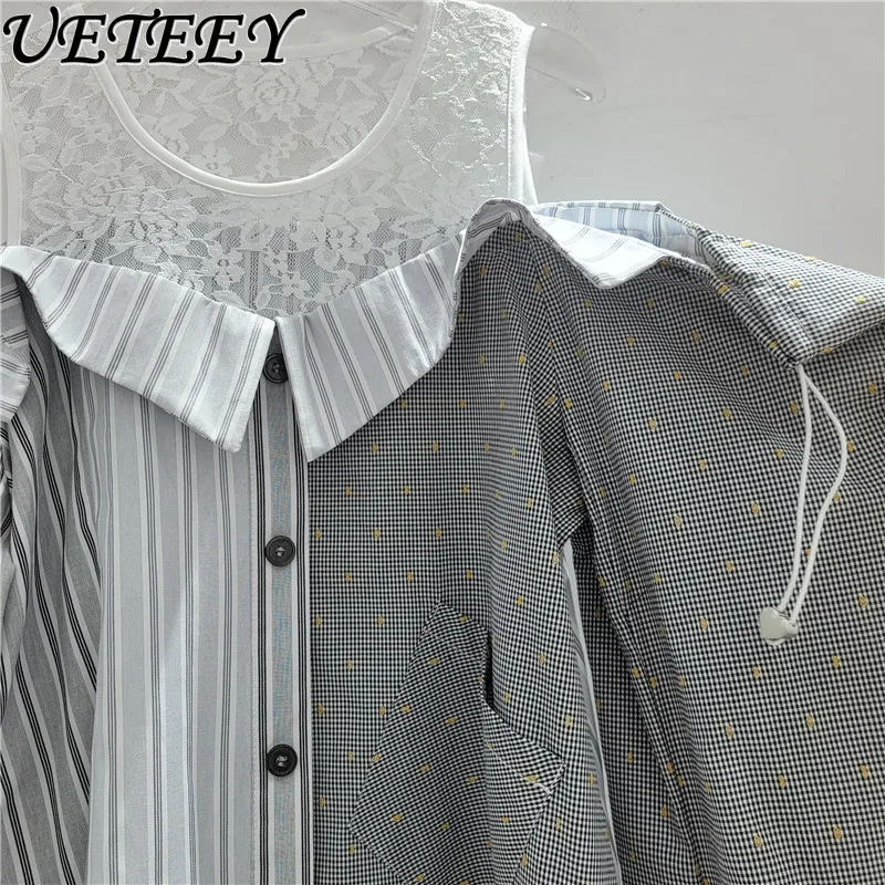 フェイクツーピースデザインオフショルダーレーススプライシングトップ水玉縦ストライプカジュアルシャツ長袖レディースブラウス