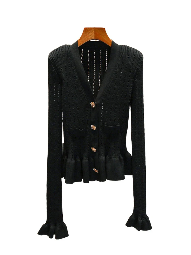 

High-End Women's Knitted Slim Fit Hollow out V-Ne Top Early Autumn Hepburn Sle Retro Commute Sle Regular Fit Button Detail