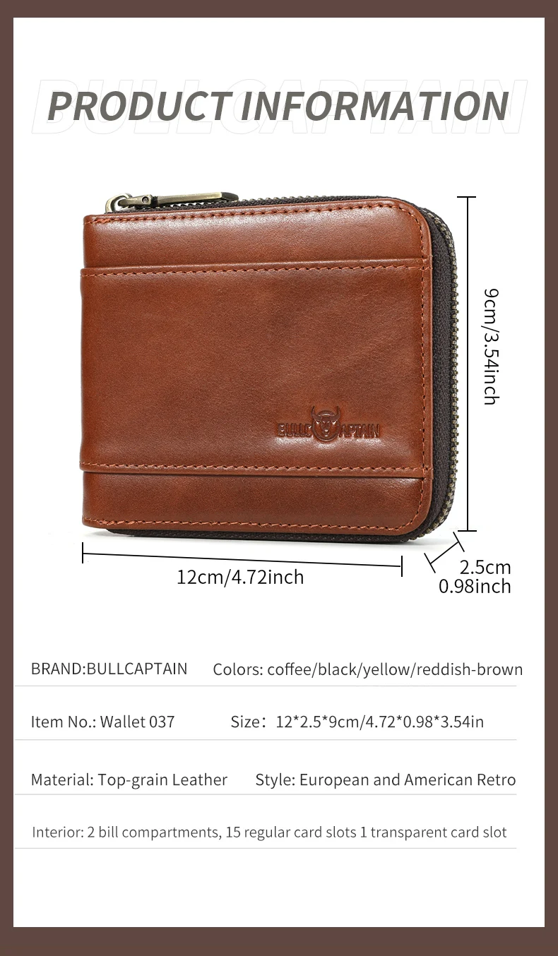 BULLCAPTAIN Geldbörse Retro Vintage Geldbörse Europäischer und Amerikanischer Horizontaler Stil Echtes Leder RFID Münz- und Kartenhalter Geldbörsen – Detail 7