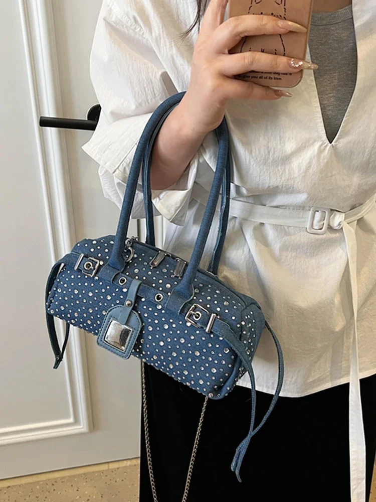 

High-Grade Sense Denim Underarm Bags for Women 2025 Chic Diamond Design Crossbody Bag Lady Fashion Out Handbags