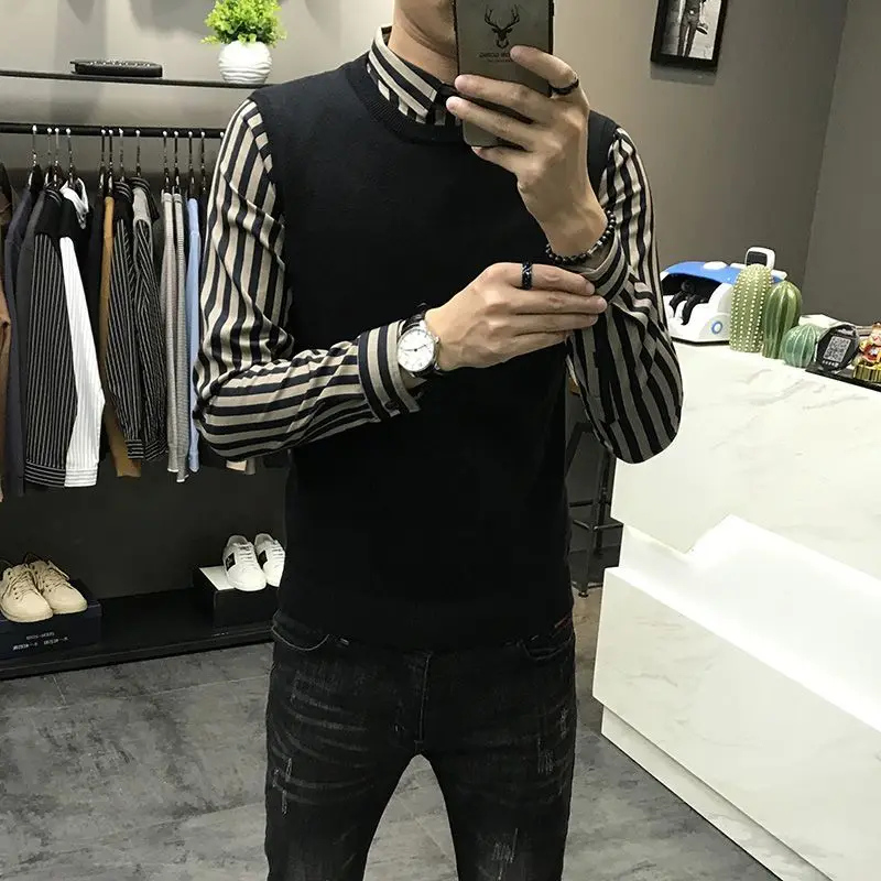 2023 New Men's Autumn and Winter Fashion Trend Label Slim Fitting Lapel Striped Contrast Color Shirt Vest Two-piece Sweater