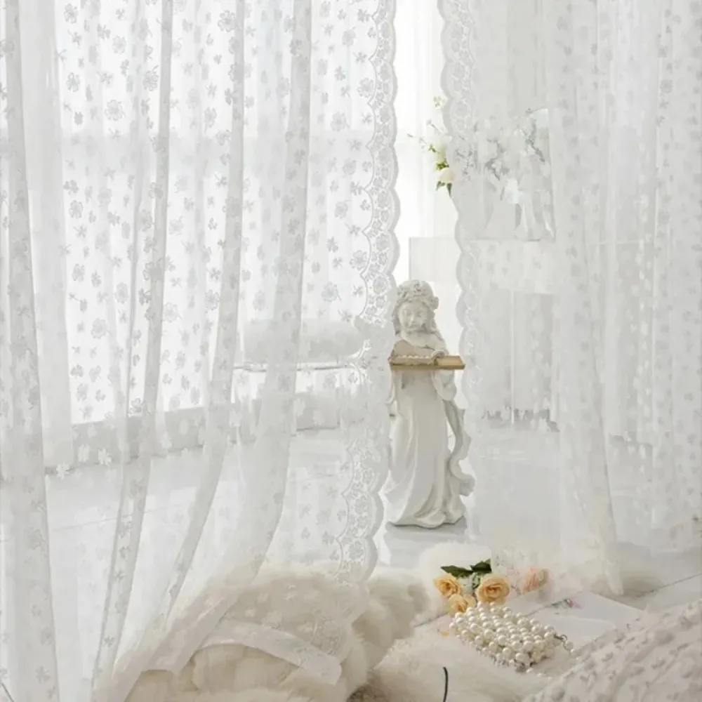 French Jacquard Lace Sheer Curtains for Bedroom Living Room Pastoral Four Leaf Clover Design Rod Pocket Top Large Size Drapes