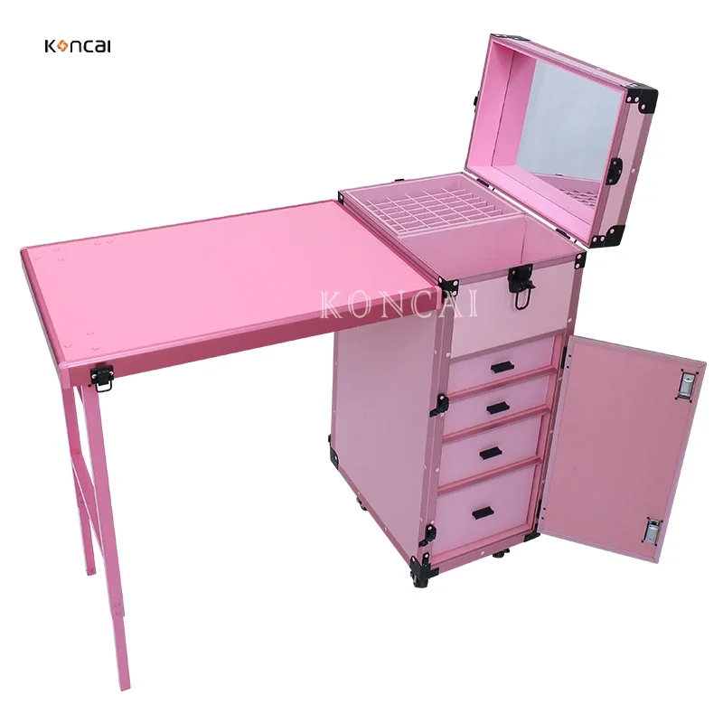 new customized pink makeup nail polish organizer case nail salon station trolley manicure table with music loudspeaker