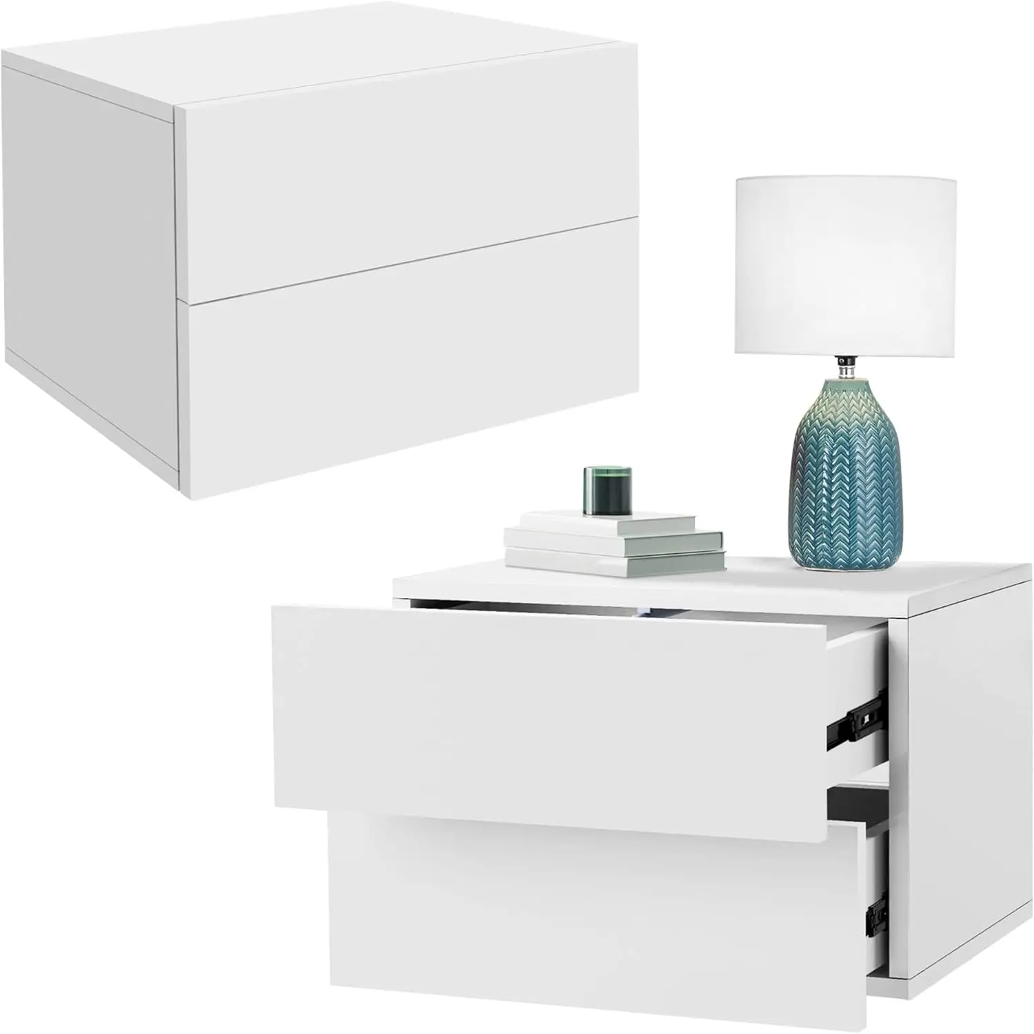 2 Mesitas de Noche 42 x 29 x 30 cm Blanco Mate Armario Colgante con 2 Cajones Cómoda Mesilla Flotante