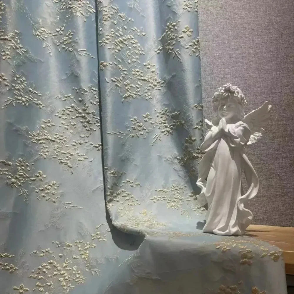 Blue Gray Wheat Embossed Jacquard Thickened Shading Curtains for Living Room Bedroom French Window Villa Finished Customization