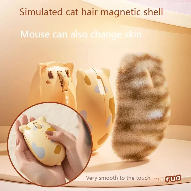 Cute Cat Bluetooth Wireless Dual-mode Mouse Ergonomic Rechargeable Mute Mice With Simulated Cat Hair Magnetic Case For PC Laptop