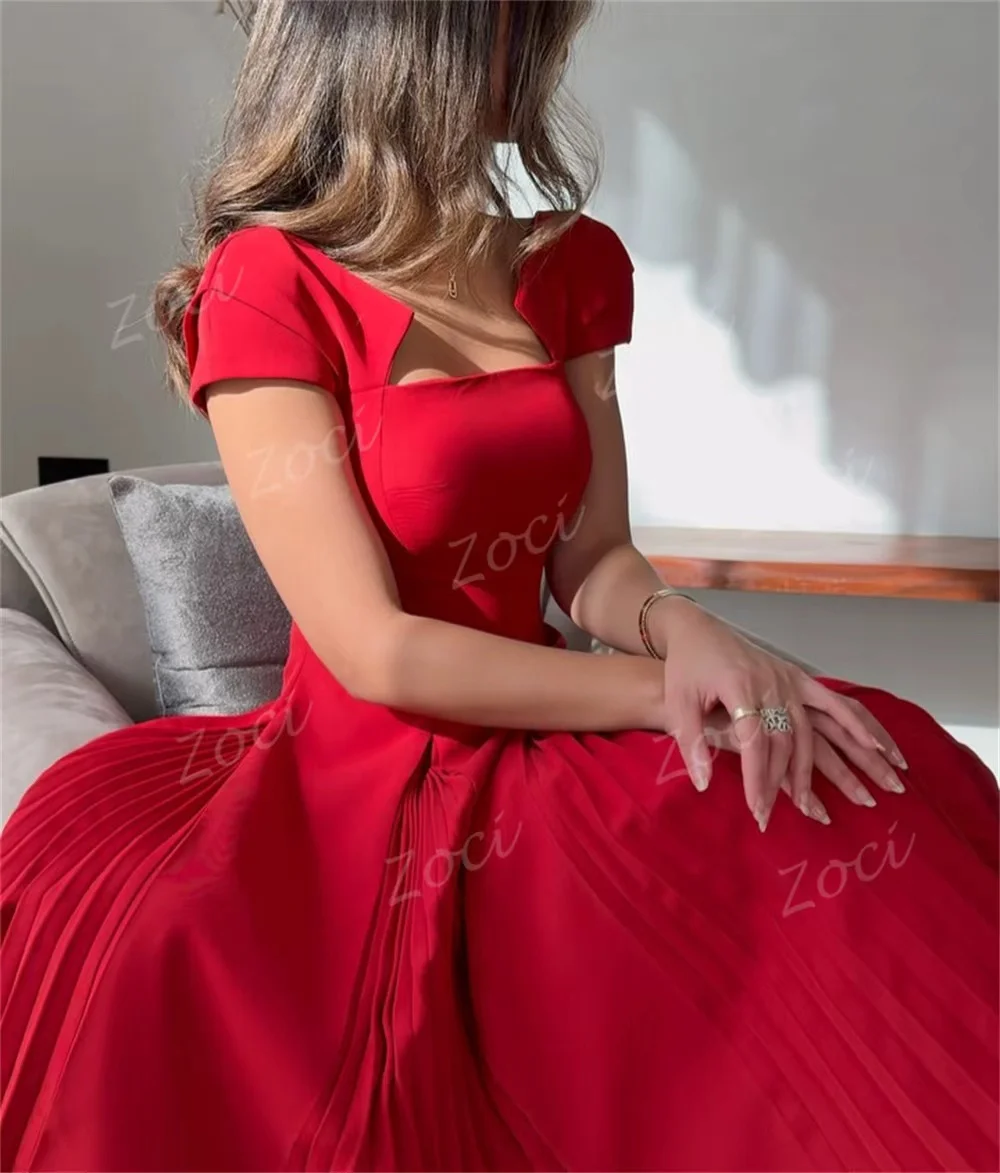 Sukienki na studniówkę z krótkim rękawem Zoci, szyte na miarę, z dekoltem w serduszko, elastyczna satyna, sukienka na formalne przyjęcie, czerwona, damska, formalna suknia ślubna, zaręczynowa.