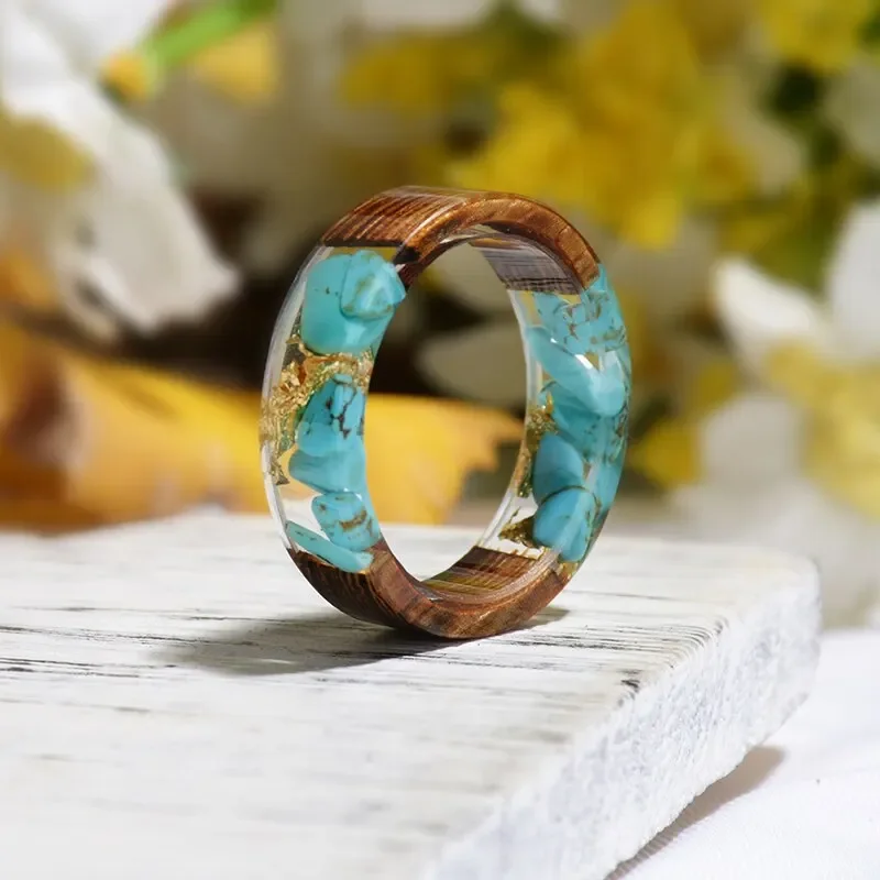 Blue-green Color Transparent Handmade Pattern Resin Nature Stone Wood Rings for Women Men Personality Charm Ring Fashion Jewelry